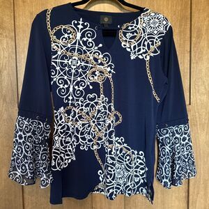 JM Collection Women's Size Petite Keyhole 3/4 Bell Sleeve Top Navy/white/gold